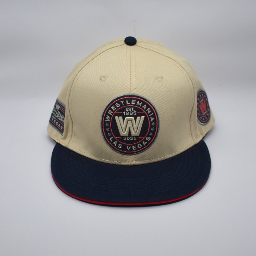 WWE WrestleMania 41 Las Vegas 2025 Old School Snapback Hat Cap Cream Navy NWT